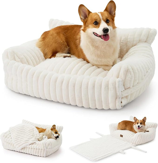 COZY KISS Cute Cat Bed with Removable Cover, Multifunctional Plush Faux Fur Pet Couch Bed with Blanket, Ultra-Soft Pet Furniture for Cats & Small Dogs (Cream, M: 32''x24'')