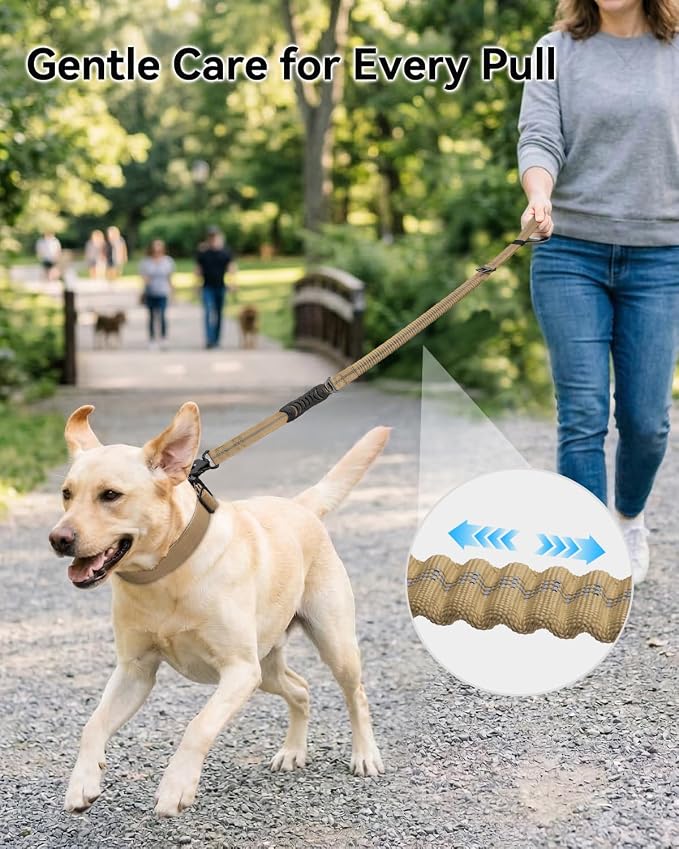 Joytale Tactical Bungee Dog Leash, Shock Absorbing No Pull, Coyote Brown | for Large Dogs That Pull, 2 Padded Handles for Control, Car Seatbelt Clip, Reflective for Night Safety, Metal Frog Clip