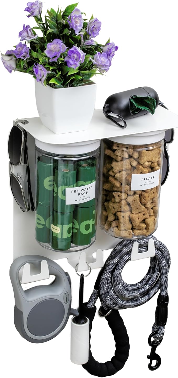 Dog Leash Holder for Wall with Shelf — Wall Mounted Dog Treat Holder & Station, 2 Airtight 32oz Treat Containers, 9 Hooks, Patented Lidless Slide-to-Seal Jars, Solid Steel, Made in USA