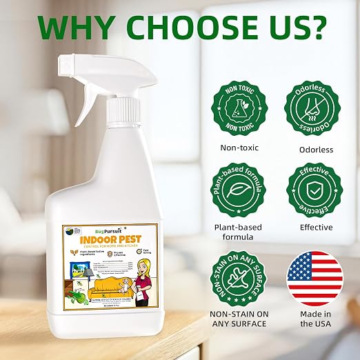 BugPursuit Indoor Pest Control Spray 24oz for Home and Kitchen –Bug Killer & Insect Repellent, Kills Carpet Beetles, Ants, Spiders, Beg Bugs, Roaches, Flea & Tick- Non Staining-Child and Pet Safe