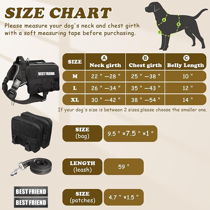 Dog Backpack Harness and Leash Set for Medium Sized Dog Black M | Removable Side Pockets Dog Vest with Padded Handle&MOLLE,No Pull Front&Back Metal Clips for Hiking Training Walking Hunting