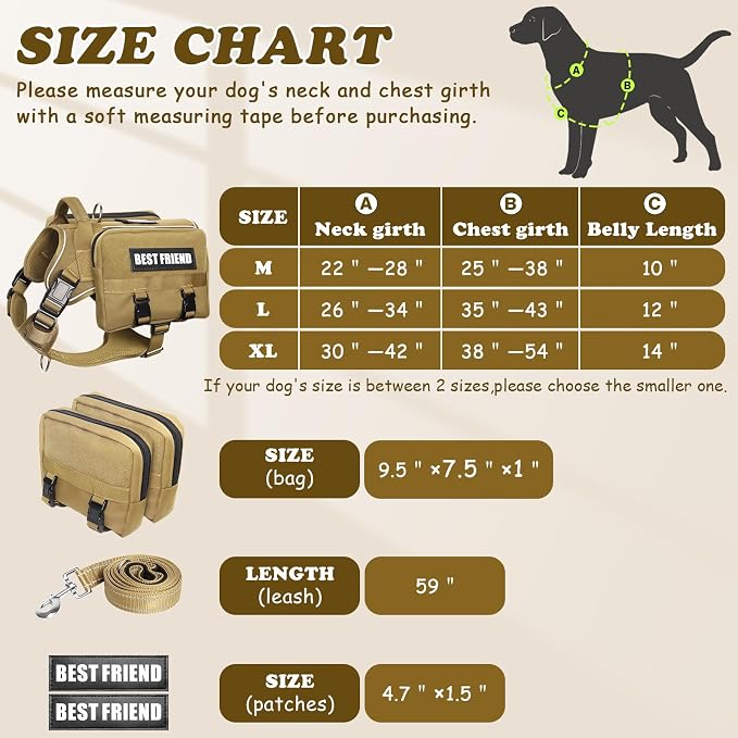 Dog Backpack Harness and Leash Set for Large Dogs Brown L | Removable Side Pockets Dog Vest with Padded Handle&MOLLE,No Pull Front&Back Metal Clips for Hiking Training Walking Hunting