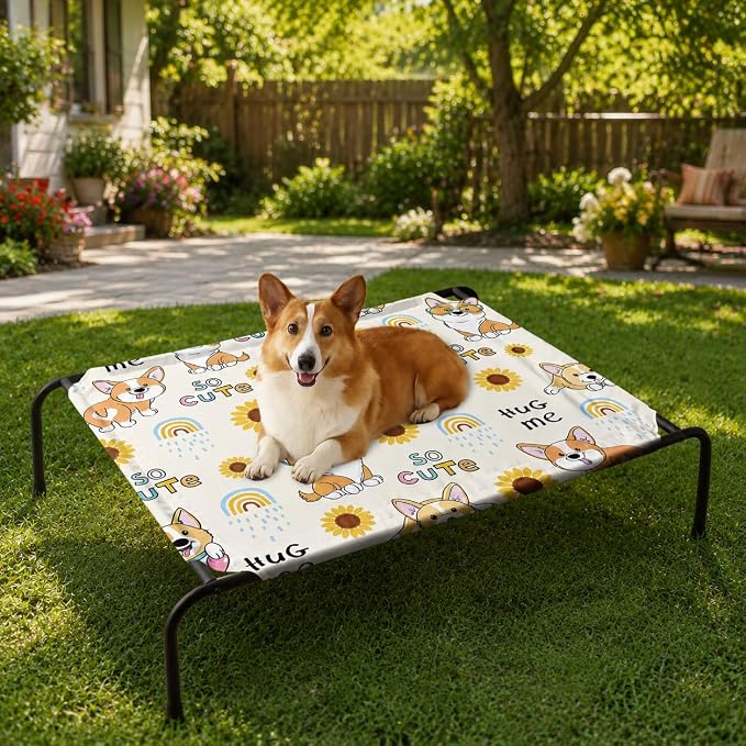Kawaii Corgi Sunflower Orthopedic Elevated Dog Pet Bed(35"X25"X8"),with Metal Frame,Printing Breathable Waterproof Dog Kennel,Sleeping Bed for Small Medium Large Dogs Cats,for Home,Outdoor Use