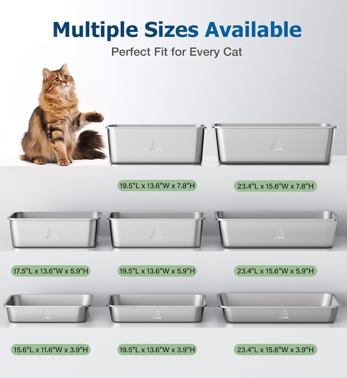 Stainless Steel Litter Box, Large Metal Cat Litter Box with High Sided for Big and Small Cats, Non-Stick, Easy to Clean, Odor-Free, 17.5" L×13.6" W×5.9" H, Leaf Green