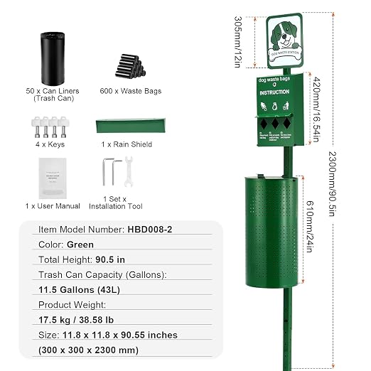 Happybuy Dog Waste Station, Commercial Pet Poop Station, 11.5 Gallon Waste Bin with 50 Can Liners, Bag Dispenser & 600 Waste Bags, Outdoor Dog Waste Disposal System for Backyard Use