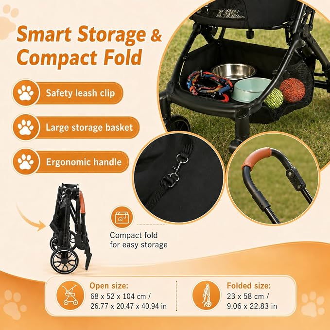 Pet Stroller for Small Dogs and Cats, Detachable Dog Cat Stroller with All-Terrain Shock Absorbing Wheels, One-Click Foldable Design, Adjustable Canopy (Black)