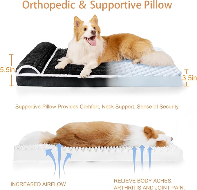 Orthopedic Large Dog Bed Pillow Pet Sofa Bed 42''X28'' Black | Egg-Crate Foam Pet Couch Large Sized Dog, Waterproof Removable Washable Cover,Furry Puppy Crate Mat With Nonskid Bottom