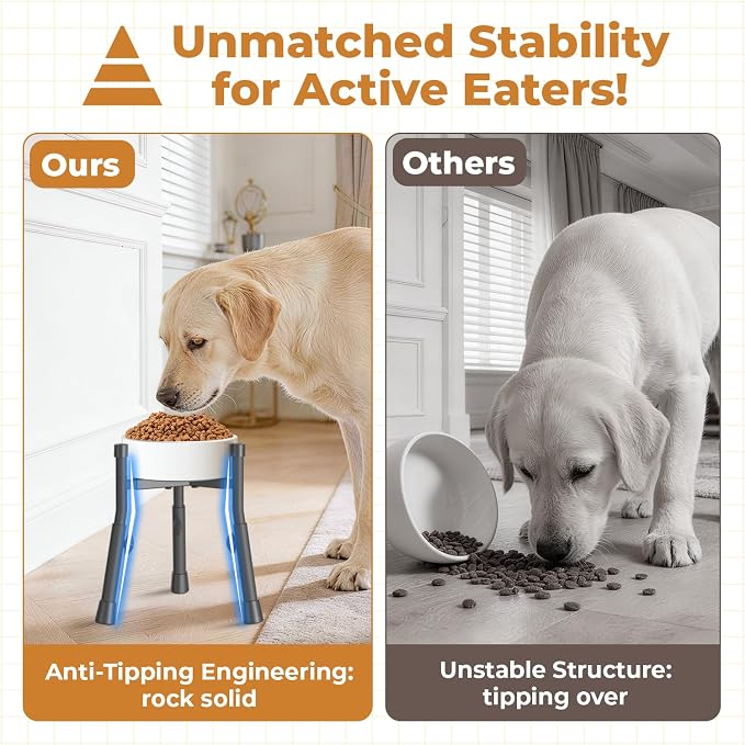 Elevated Dog Bowl Stand for Large Medium Breeds, Extra-Stable Food Feeder | Adjustable Size 4 Heights Width 6-10in, Anti-Tip Metal Raised Water Dish Holder, Non-Slip Tall Single Lifted Riser