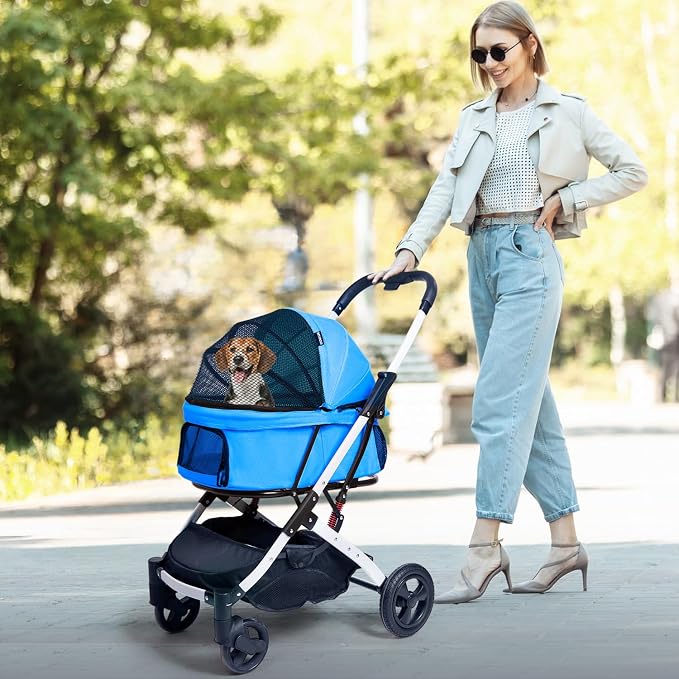 Pet Stroller for Medium Small Dog & Cat, Foldable Lightweight Dog Stroller with Storage Basket Pet Travel Carriage with Safety Leashes, 4 Wheel, Blue