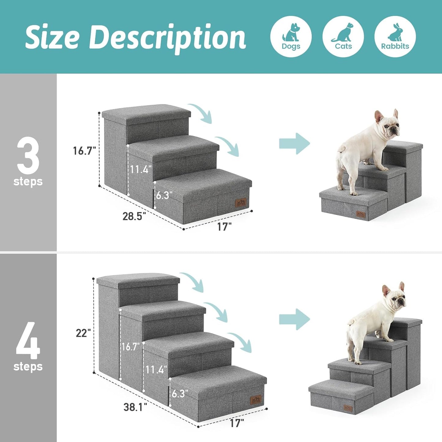 Dog Stairs with Storage, 3-Step Wider Sturdy Dog Steps for Small/Medium/Large Dogs and Older Cats, Folding Doggie Ramp for Bed/Couch/Car Hold Up to 180 lbs (16.7" H, Grey)