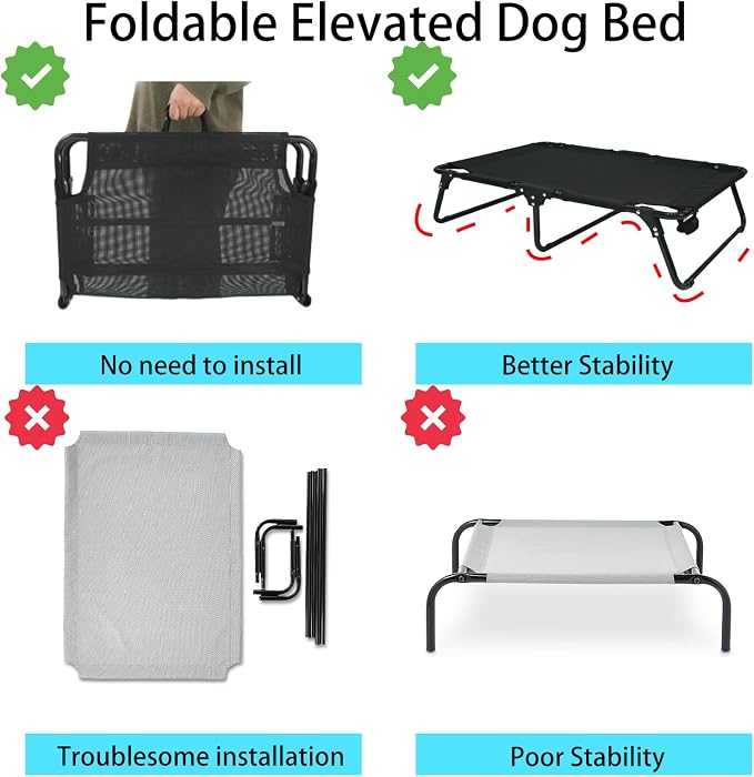 Elevated Raised Small Meduim Dog Bed Cots Cooling Foldable | No Assembly Need Pet Hammock Bed with Breathable Mesh, Indoor Outdoor Dog Pet Bed for Small Meduim Dogs, Chew Proof, Black