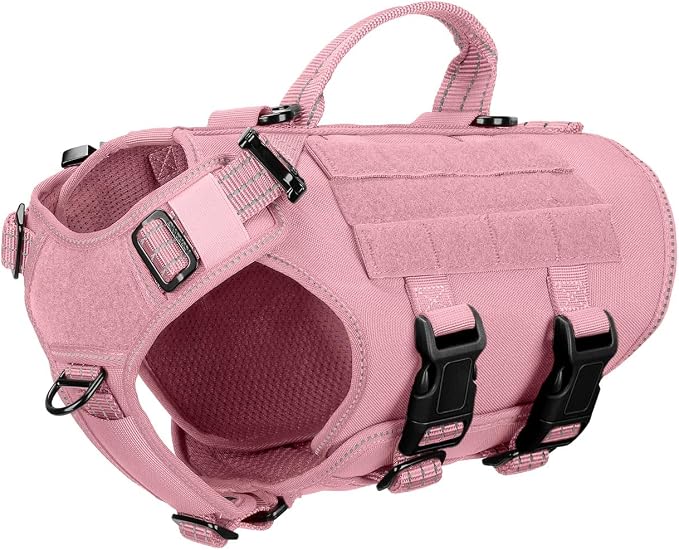 ICEFANG No Pull Tactical Dog Harness for X-Small Dogs,Adjustable Dog Vest | Control Handle,MOLLE Panel,Front Hook,3 Leash Clips,Soft Padded,for walking training,Pink,X-Small