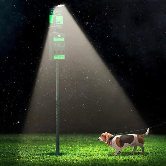 Tujoe Dog Waste Station with Solar Panels Outdoor Light Up at Night,Galvanized Steel Dog Trash Bin Dispenser,Rust Proof LED Pet Station for Commercial Park Backyard(Without Trash Bin)