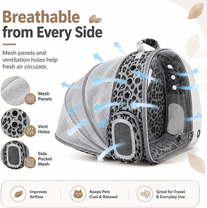 Expandable Cat Carrier Backpack for Cats & Dogs, Bubble Window Pet Travel Backpack with Breathable Mesh, Anti-Collapse Structure, Side Door, for Vet Visits, Hiking, Black and White Animal