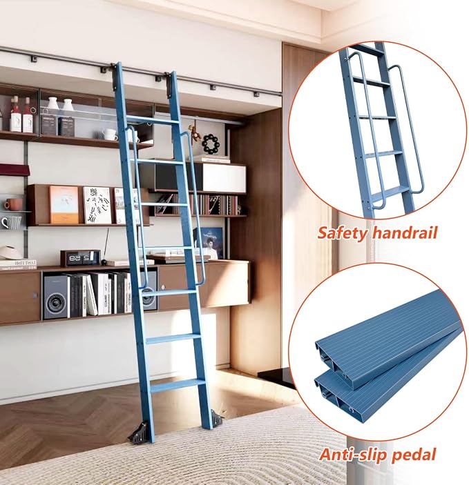 DIYHD 96" Rolling Library Ladder with Handrail, 4FT Sliding Rail, Blue | 8-Step lightweight ladder with space-saving upright storage, Telescopic top hooks, Locking bottom rollers, 300lbs capacity