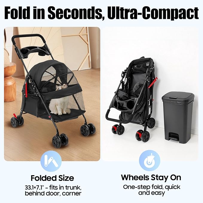 Pet Stroller for Small Medium Dogs Cats, Lightweight Foldable Pet Wagon with 360° Front Wheels & Brake, 40 lbs Capacity Carrier for Park Travel Shopping, Breathable Mesh Basket (Black)