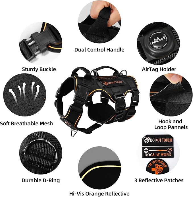 Reflective Tactical Dog Harness with AirTag Holder&3 Pet Patches, Black M | Heavy Duty No Pull Dog Harness, Adjustable Dog Harness, Two Handles, Breathable Mesh Padding, Resists Dirt and Stay Clean