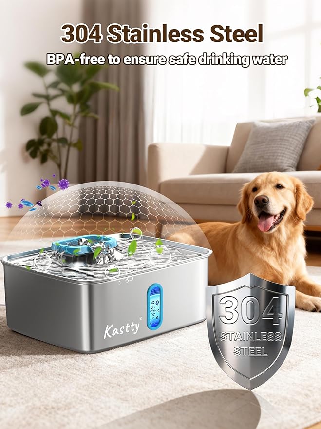 Kastty 3.96 Gal Large Dog Water Fountain,15L Stainless Steel Dog Water Bowl Dispenser with Water Level Window and LED Light,Ultra Quiet Automatic Pet Water Fountain Easy Cleaning(FS78,Blue)