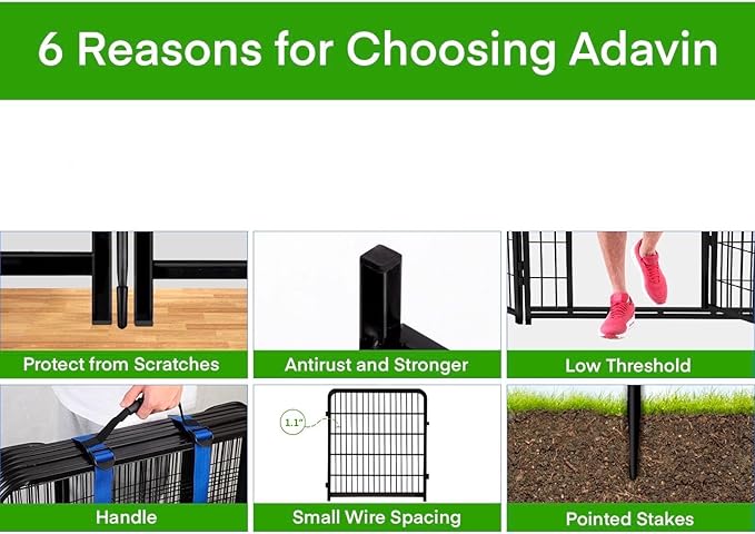 ADAVIN Tall Garden Fences and Borders for Dogs, Low Threshold Door, 48 in(H) 8 Panels Total 17.7 Ft(L) Dog Fences for The Yard, Modular Fencing, Garden Fence with Gate, Pet Fence
