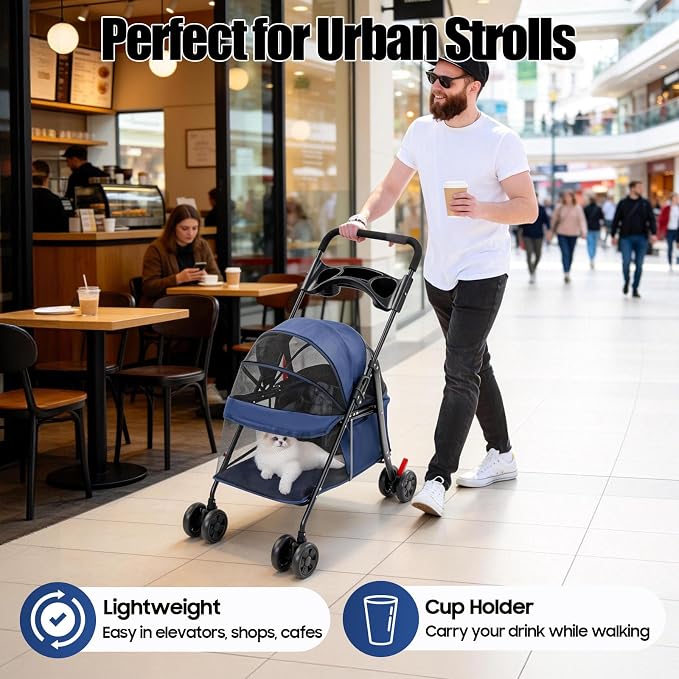 Pet Stroller for Small Medium Dogs Cats, Lightweight Foldable Pet Wagon with 360° Front Wheels & Brake, 40 lbs Capacity Carrier for Park Travel Shopping, Breathable Mesh Basket (Navy Blue)