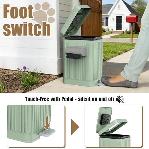 Dog Poop Trash Can for Outside & Indoor, 5L/1.3Gal Small Pet Waste Bin with Odor Control Carbon Filter, 2-Way Open (Step & Press Top), Dog Waste Container with Trash Bag Holder, Green