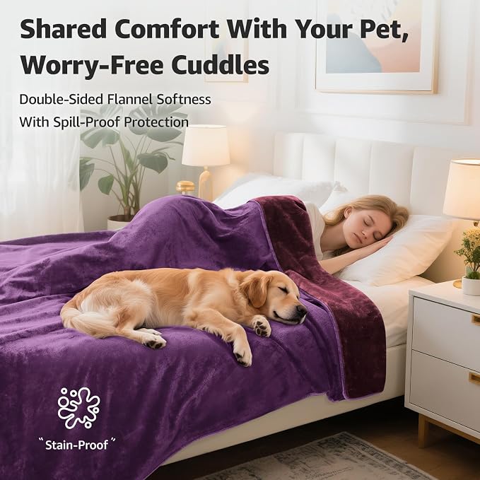 LOOBANI Waterproof Blanket for Queen Bed, Reversible Purple Flannel 80"x90" | Waterproof Dog Blankets for Large Dogs, Spill-Proof Couch Cover for Family Movie Nights, Camping, Travel, Noise Free