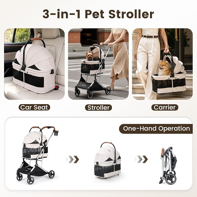 T3 Pro Small Dog Stroller (Beige & Net Wall) | Detachable Carrier, 3-in-1 Stroller, Lightweight, Breathable Mesh Fabric, One-Button Braking, Easy to fold