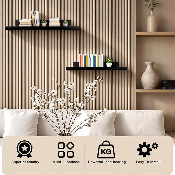 Floating Shelves for Wood Wall Panels,Metal Shelf for Storage Display,2pk | 8x4 Inch and 12x4.8 Inch,Black,Shelf Accessories,Wall Shelves Holder