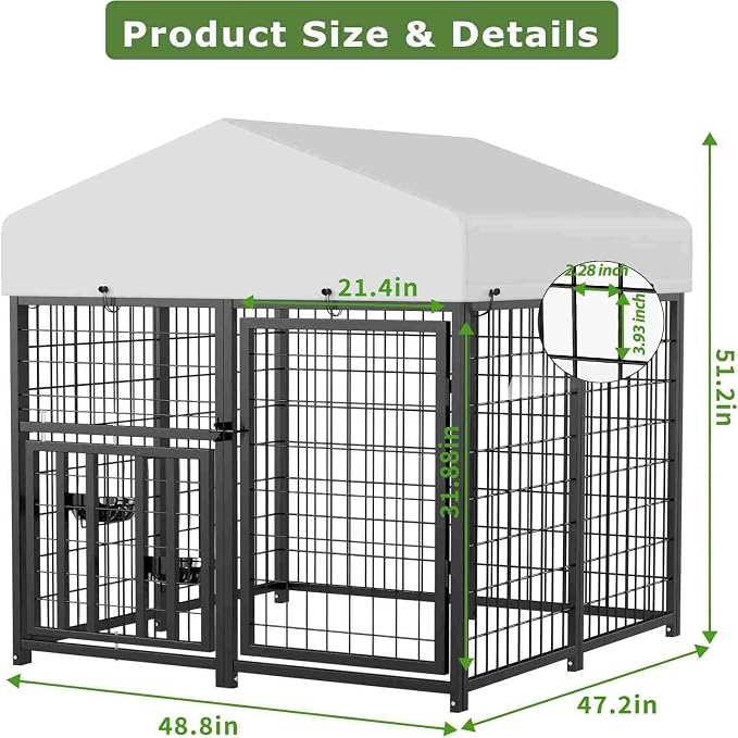 4 x 4 x 4.25 FT Outdoor Dog Kennel with Roof for Small Dogs | Compact Dog Pen with Rotating Feeder, 2 Stainless Steel Bowls and Double Latch Gate