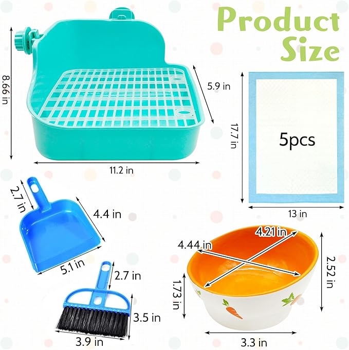 PINVNBY Multi-Purpose Plastic Rabbit Litter Box Set, 5 Disposable Pet Pads, Mini Broom & Dustpan, Ceramic Rabbit Feeding Bowl - Ideal for Rabbits, Guinea Pigs