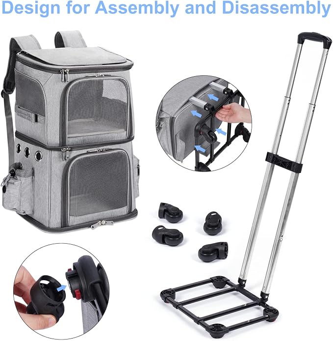 HOVONO Double-Compartment Cat Carrier Backpack with Wheels for 2 Pets, XL | 2-in-1 Cat Rolling Carrier for Small Cats & Dogs up to 32 lbs, Perfect for Traveling / Walking / Vet, Grey