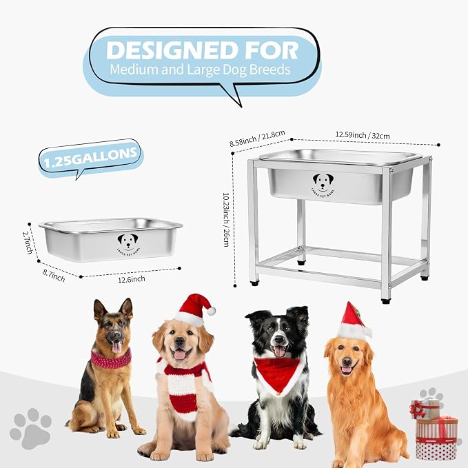 Elevated Dog Water Bowl, Stainless Steel Dog Bowl for Medium Large Dogs, Easy to Clean and Assemble for Outdoor Use 0.85 Gallons Bowl with Full Metal Stand Raised 10.23"