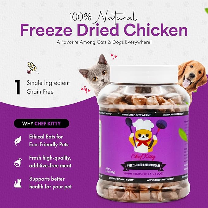 Chicken Hearts for Dogs | Cat Treats Freeze Dried, 100% Human Grade, Single Ingredient | High Protein Cat & Dog Food Toppers | No additives or Preservatives | Inspected & Tested in USA | 2.6 oz.