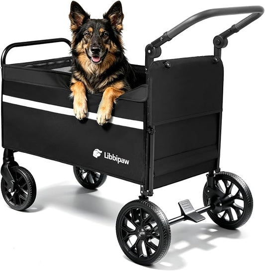 LUFFWELL Foldable Dog Wagon with Ramp, Medium & Large Dogs, Black | All-terrain wheels, One-step brake, Adjustable handle, Side pockets, 200 lb capacity