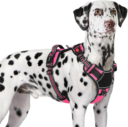 Eagloo Dog Harness for Large Dogs, Easy Wearing with 3 Buckles, Adjustable No Pull Pet Harness with 2 Rings for Walking, No Chock Reflective Soft Padded Vest with Control Handle, Pink & Black, XL