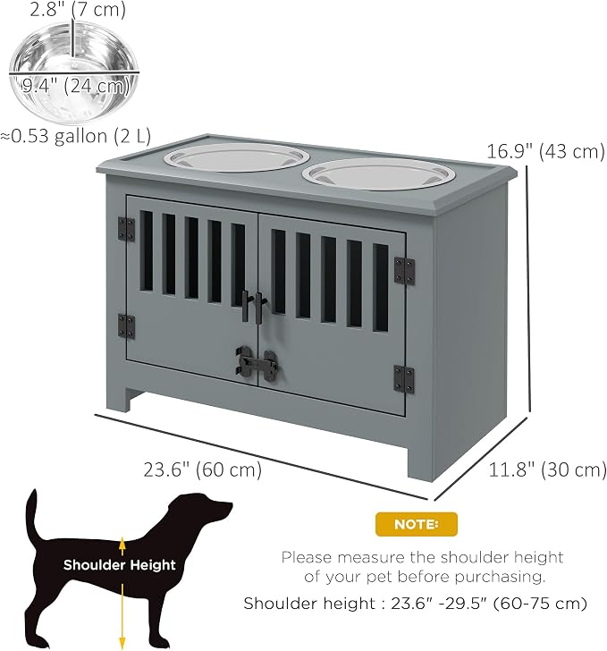 PawHut Large Elevated Dog Bowls with Storage Cabinet, 37L Gray | Raised Dog Bowl Stand Pet Food Bowl Dog Feeding Station