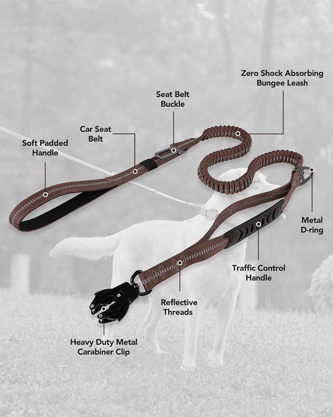 Joytale Tactical Bungee Dog Leash, Shock Absorbing No Pull, Brown | for Large Dogs That Pull, 2 Padded Handles for Control, Car Seatbelt Clip, Reflective for Night Safety, Metal Frog Clip