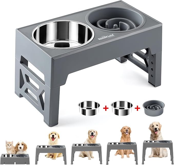 EliteField Elevated Dog Bowls, 2 Stainless Steel Bowls (2-Year Warranty) | 58 oz Bowls, 5 Adjustable Heights, Small to Large Dogs, Foldable, Dishwasher Safe, Anti-Slip Feet