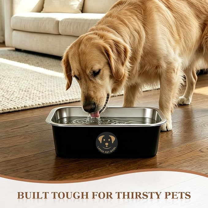 Large Stainless Steel Dog Water Bowl, High Capacity Metal Dog Food Bowls, Outdoor Dog Bowl Food and Water, Medium, Large, X-Large, and Big Dogs & Cat, Black,1.25 Gallons