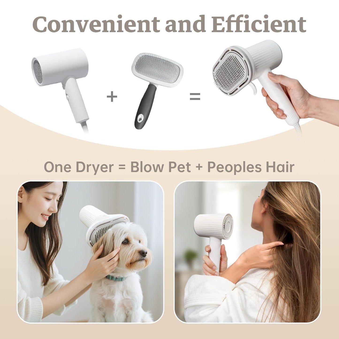 Dog Hair Dryer, Professional 2-in-1 Pet Hair Dryer & Grooming Brush with Removable Comb, Adjustable Temperature/Speed, Portable Dryer for Dogs and Cats