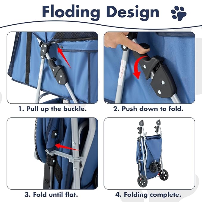 3 Wheels Pet Stroller,Storage Basket and Cup Holder, Breathable Mesh, Waterproof and Foldable for Small/Medium Dogs and Cats Strollers, Lightweight Travel Carrier for Daily Walks & Outdoor，Blue