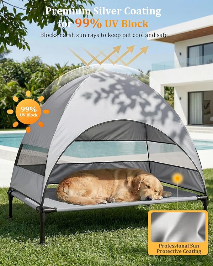 Elevated Dog Bed with Canopy - 3-Sided UV Protection Pet Tent with Wider Shade, Raised Cooling Outdoor Dog Cot with Breathable Mesh for Medium Large Dogs, Portable Pet Bed for Camping, Patio (Grey, L)