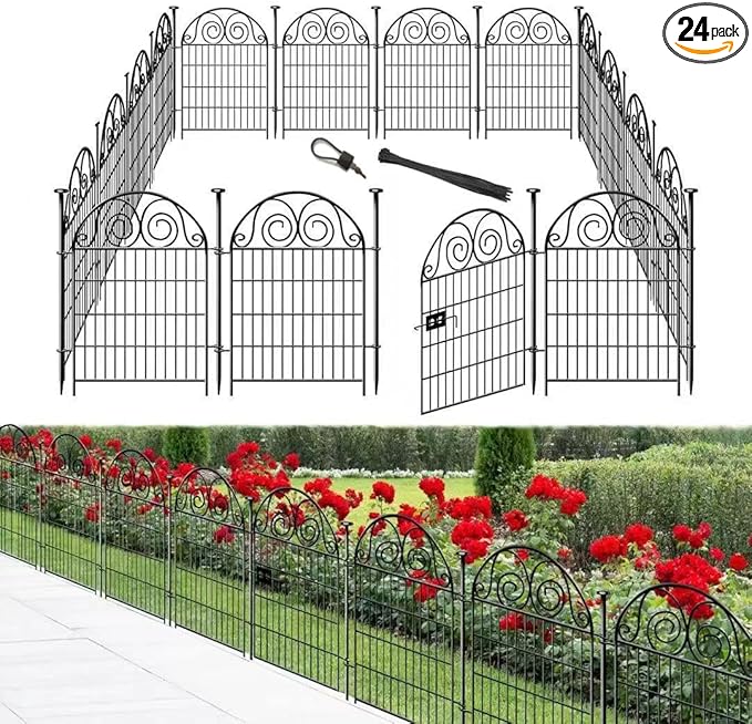 Getlay Tall Garden Fence with Gate, 32 Inch(H) 24 Panels Total Length 52.5 Ft Dog Fence Outdoor, Decorative Fence for Garden,Metal Temporary Fencing│Patented