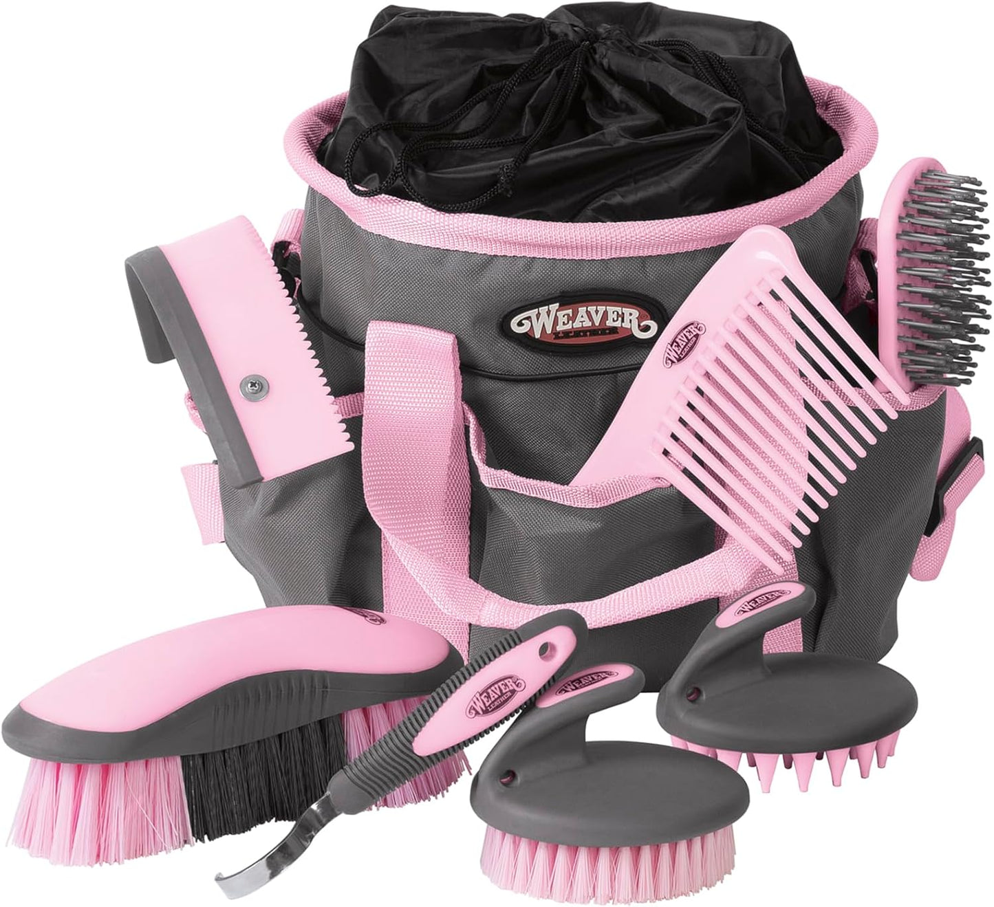 Weaver Leather Horse Grooming Kit, 7-piece Horse Brush Set with Organizer Tote Bag, Equine Care, Horse Tack Room Equipment, Grooming Horse Supplies, Gray/Pink