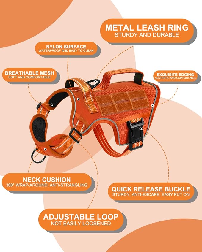 Dog Harness, Tactical No Pull for Small Sized Dog with Handle | Breathable Soft Padded, Adjustable, Reflective, Molle System, Heavy Duty, No Choke for Walking Training, Orange Small