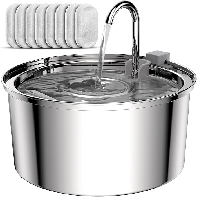 Tomxcute Cat Water Fountain, 3.2L/108oz Automatic Stainless Steel Pet Fountain Dog Water Dispenser, Ultra-Quiet Pump and 3 Replacement Filters & for Cats, Dogs, Multiple Pets