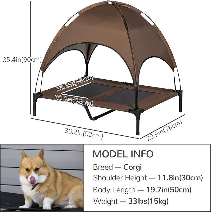 PawHut Elevated Dog Bed with Removable Canopy, Outdoor Dog Cot with UV Protection Canopy Shade, 36 inch Large Pet Bed for Camping, Coffee | Large Pet Bed, Outdoor Dog Cot, UV Protection Shade, Camping