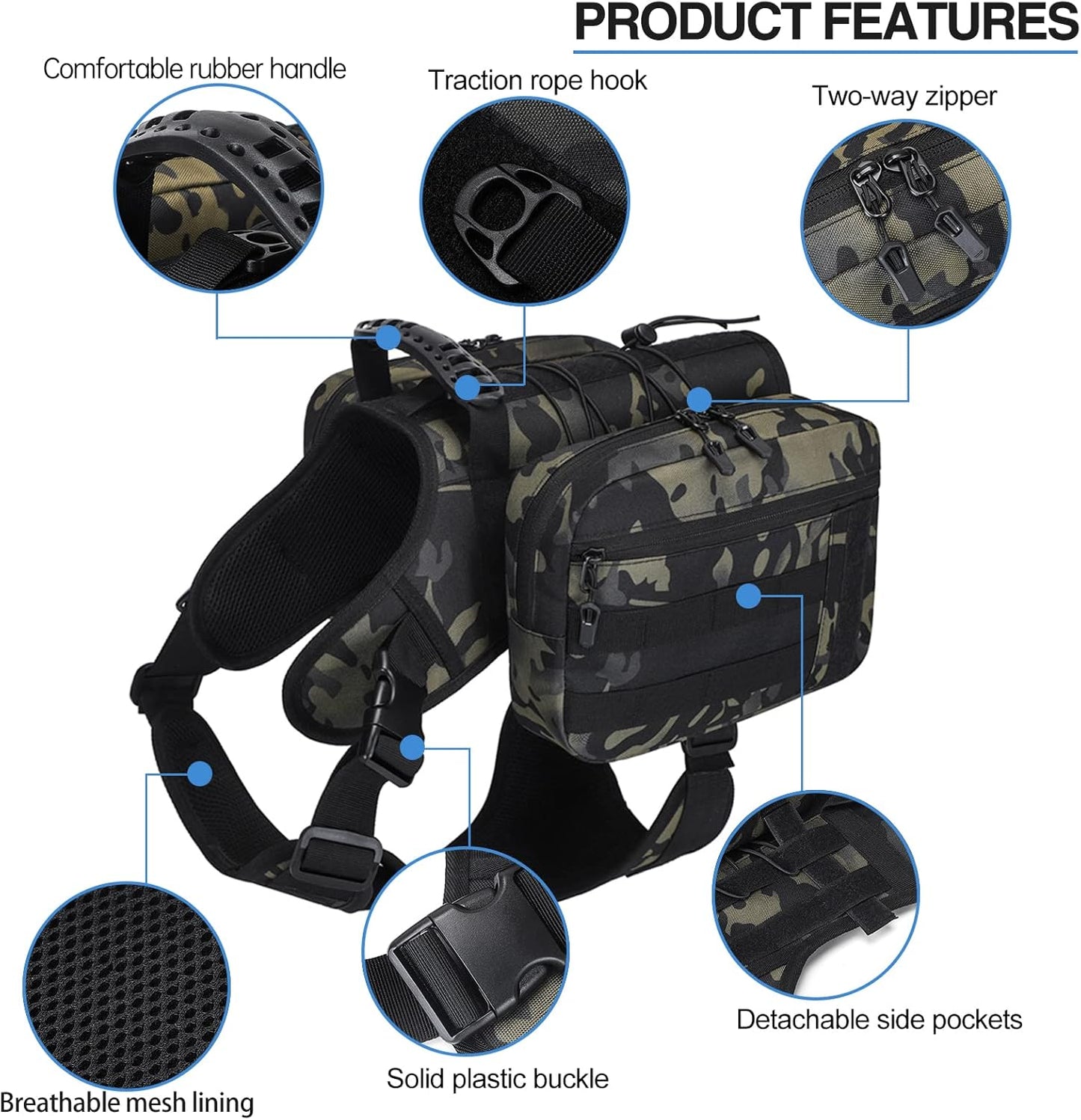 BYGD Dog Saddle Backpack for Hiking, Lightweight Waterproof Harness with Removable Bags for Large Dogs, Outdoors (Camo)