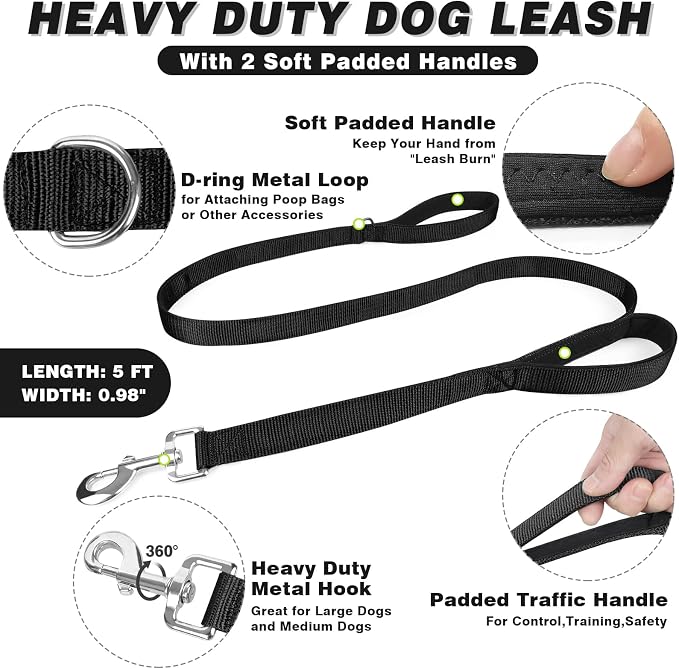 Tactical Dog Harness and Leash Set with Metal Buckles+10 Patches | Heavy Duty Service Dog Vest ,Adjustable Harness for Large Sized Dogs,No Pull Front Back Clips,for Training Hiking,Black L