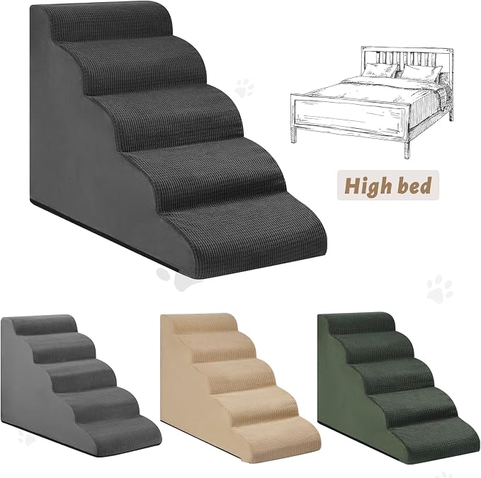 Aodisman Dog Stairs for High Bed,5-Step Pet Ramp for Small Dogs and Cats | 22.2" H Dog Steps for Bed with High-Density Foam, Help Olders,Short-Legged Dogs,Puppy and Cats Get on Beds Easily,Grey,Black